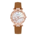 Women's quartz watch with rose gold rhinestone case and brown leather strap with notes - Brown