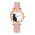 Pink leather strap quartz watch for women with rose gold rhinestone case and cat pattern - Pink
