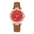 Women's quartz watch with red floral dial, rose gold rhinestone case, and brown strap - Brown