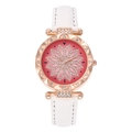 Detail of rose gold ladies watch with gradient red floral dial and white leather strap - White