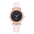 Women's starry sky watch with rose gold rhinestone bezel and white leather strap - White