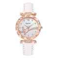 Detail of rose gold watch case with wavy diamond-encrusted bezel and musical note dial - White
