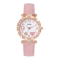 Detail of rose gold watch case with rhinestones and pink leather strap and heart dial - Pink