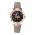 Women's quartz watch with butterfly dial, rose gold rhinestone case and grey leather strap - Gray