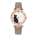 Detail of rose gold cat watch face with rhinestone bezel and grey leather strap - Gray