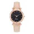 Women's quartz watch with rose gold rhinestone bezel and black starry dial - Beige