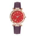 Detailed view of women's watch with red floral dial, crystal bezel and purple strap - Purple
