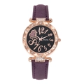 Détail du bracelet en cuir givré violet et cadran ciel étoilé or rose avec accents diamant - Violet