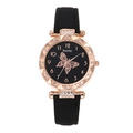 Elegant women's quartz watch with rose gold case, butterfly dial and black leather strap - Black