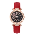 Montre quartz femme avec bracelet daim rouge, boîtier fleuri or rose et cadran étoilé - Rouge