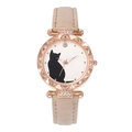 Women's quartz watch with cat motif dial, rhinestone rose gold case, and beige leather strap - Khaki