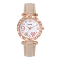 Damen-Quarzuhr mit Roségold-Diamantgehäuse und Herzmuster auf beigem Lederarmband - Khaki