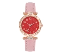 Chic women's quartz watch with red flower dial, rose gold case and pink leather strap - Pink