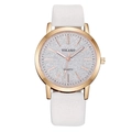 Minimalist quartz watch with rose gold case, glittery silver dial, and white leather strap - White