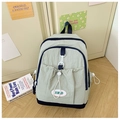 Sage green nylon school backpack with navy trim, side drawstring pocket and front buckle - Green
