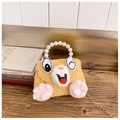 Detail of plush cat handbag featuring pearl handle and golden chain shoulder strap - Yellow