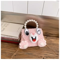 Close-up of pink plush bunny bag with faux pearl handle and gold chain strap details - Pink