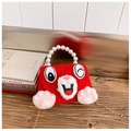 Close-up of red plush rabbit bag with pearl handle and golden chain strap for girls - Red