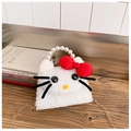 Detailed shot of white plush Hello Kitty bag with pearl handle and golden chain strap - White Cat
