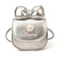 Silver mini crossbody bag for kids featuring a large bow and cartoon puppy patch - Silver
