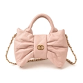 Pink bow-shaped quilted girls handbag with gold chain strap and dual carry handles - Pink