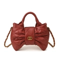 Quilted red bow-shaped crossbody bag for girls with golden metal logo and chain strap - Burgundy