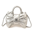 Silver bow-shaped girls' handbag featuring quilted texture and metallic chain strap - Silver