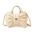 Quilted bow-shaped girls handbag in creamy white with golden chain strap - White