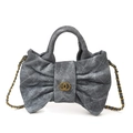 Chic grey denim bow handbag with quilted patterns and a golden chain strap for girls - Denim Blue