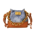 Mini sac seau bicolore en denim matelassé bleu et cuir synthétique marron - Bleu