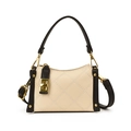 Mini beige quilted crossbody bag with black trim and gold clasp for stylish kids - White