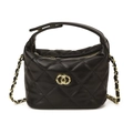 Chic black quilted crossbody bag with gold chain strap and interlocking metal logo - Black