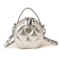 Quilted silver mini round shoulder bag for children with metal chain and top handle - Silver