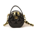 Quilted black leather mini round shoulder bag with golden chain and zip for children - Black