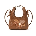 Brown quilted mini handbag for kids featuring colorful embroidered pony and top handle - Brown