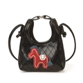 Black quilted leather mini crossbody bag with cute embroidered pony on white background - Black