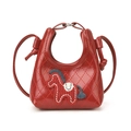 Red quilted leather mini handbag for kids featuring a cute knit pony design and strap - Red