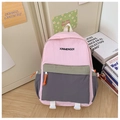 Detail of color-block backpack with XINMENGDI logo and stylish orange drawstring accents - Pink