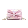 Iridescent pink holographic bow crossbody bag with quilted pattern and gold chain strap - Light Pink