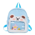Hellblauer Kinderrucksack mit Bärengesicht, transparentem Fenster und bunten Plüschkugeln - Blau