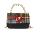 Mini bolso bandolera de cuadros con bordado de caballo rojo y asa de perlas - Estilo 1 Azul