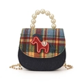 Bolso bandolera de mezclilla azul con solapa a cuadros, parche de poni y asa de perla - Estilo 2 Azul