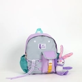 Kids color-block backpack in grey, purple, and green with a cute plush rabbit toy - Small / Purple