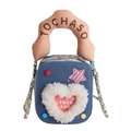 Blaue Denim Mini-Cloud-Tasche mit rosa Softgriff und Plüschherz für süße Mädchen - Hellblau