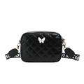 Kids black quilted crossbody bag with white butterfly emblem and LOVE patterned strap - Black