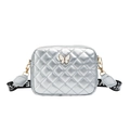 Silver metallic quilted shoulder bag for kids with white butterfly motif and wide strap - Silver