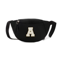 Black canvas chest bag for kids featuring a large sequined letter A patch and buckle strap - Letter A