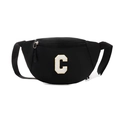 Kids black nylon fanny pack with large white embroidered letter C and adjustable strap - Letter C
