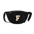 Kids black nylon chest bag featuring a retro letter F embroidery and white buckle - Letter F