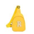 Sac bandoulière enfant jaune vif avec écusson lettre R blanc duveteux et sequins dorés - Lettre R